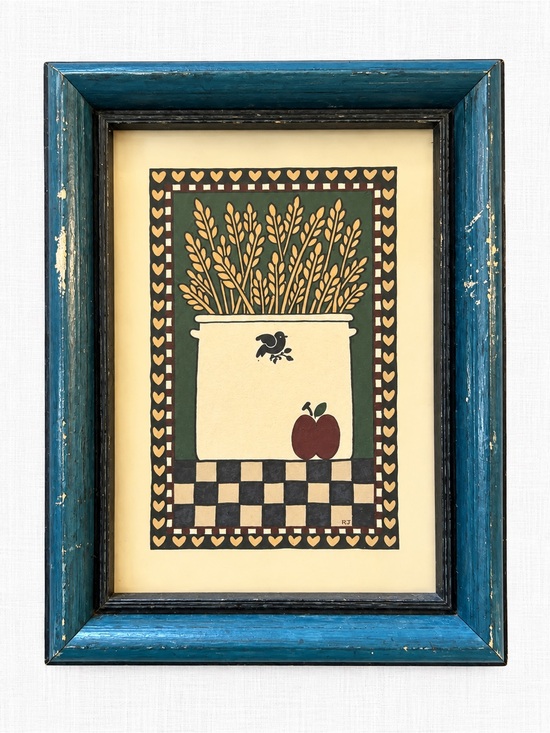 Other - Vintage Primitive Folk Art Wheat & Apple Print | Distressed Blue Wood Frame